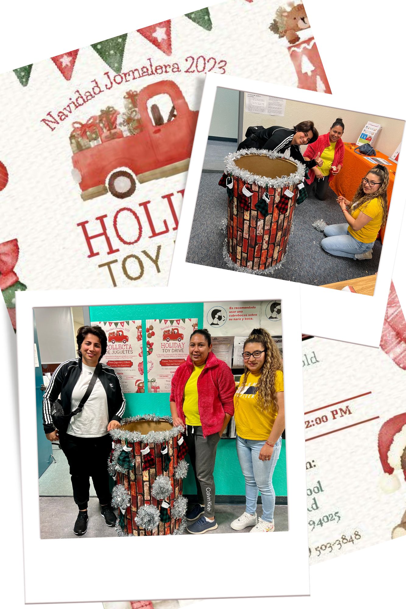 students decorating toy bin for the holiday toy drive benefiting families of day laborers and domestic workers. 