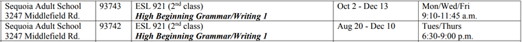 Canada College ESL Schedule